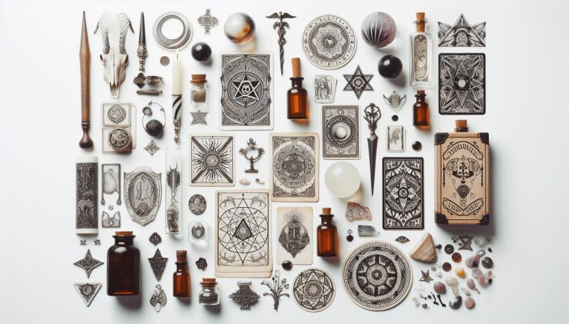 Objets divers vintages et mystiques sur fond clair, incluant flacons et illustrations.